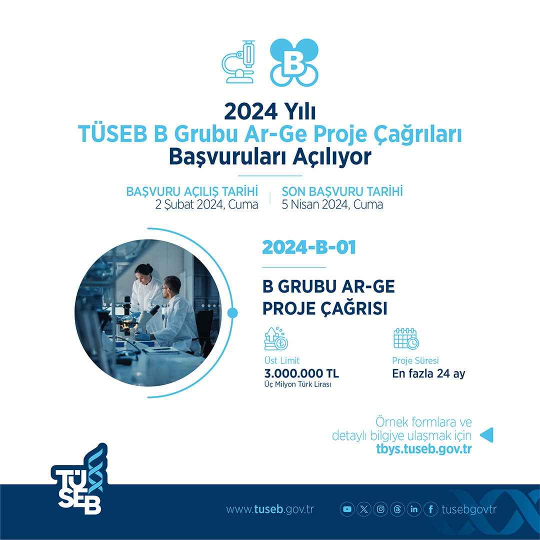 2024 Yılı TÜSEB B Grubu Ar-Ge Proje Çağrıları Başvuruları Açılıyor